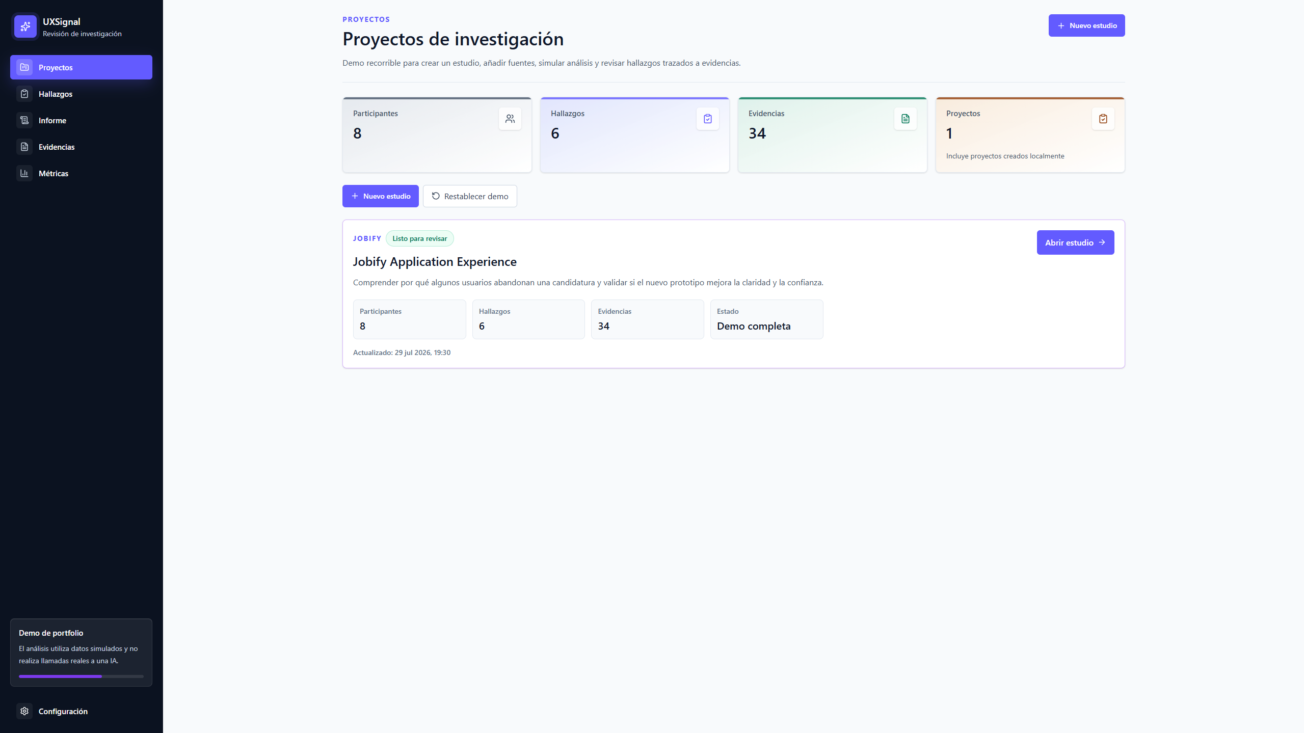 Dashboard de proyectos en UXSignal