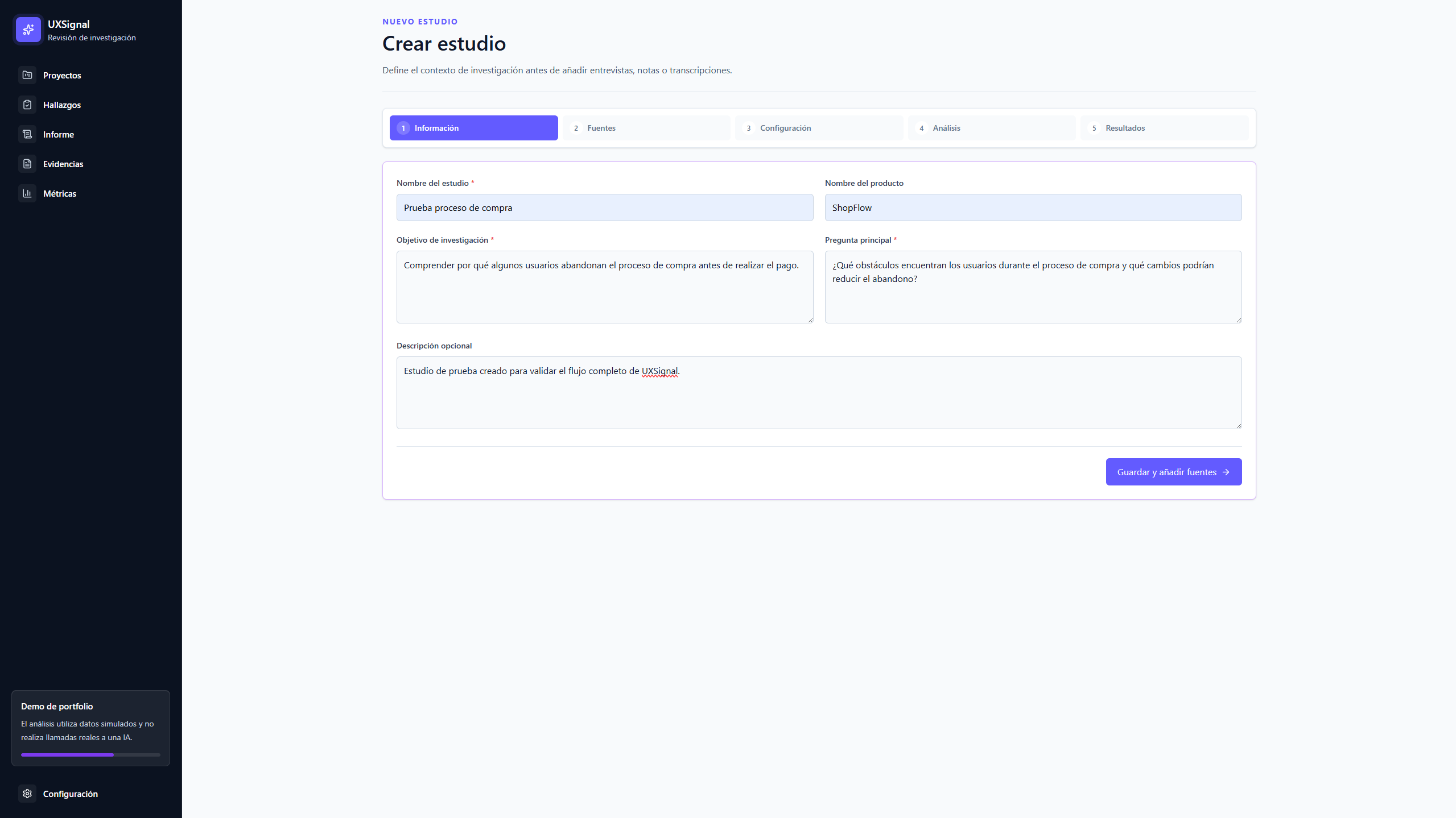 Formulario de creación de estudio en UXSignal