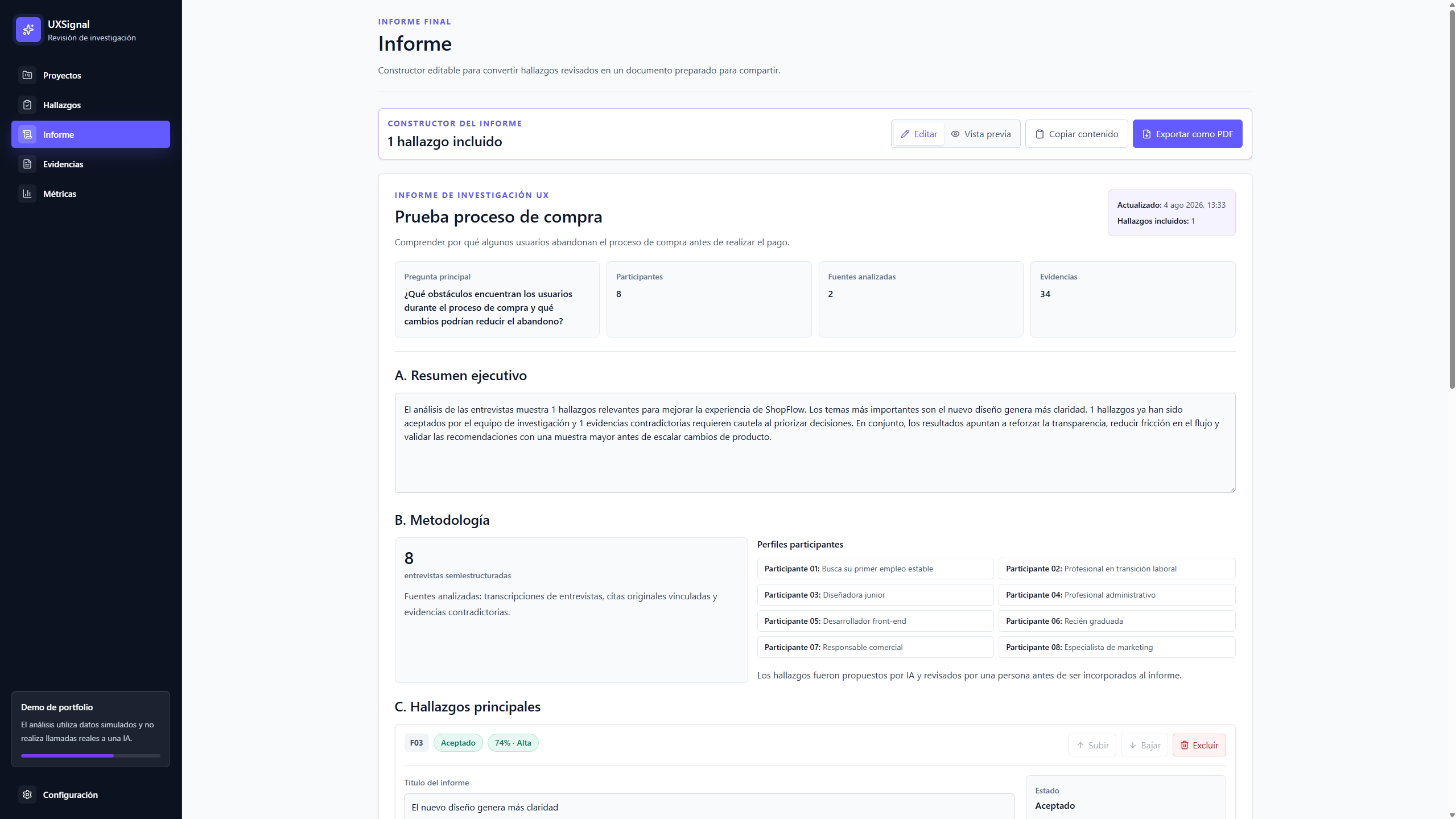 Constructor de informe en UXSignal