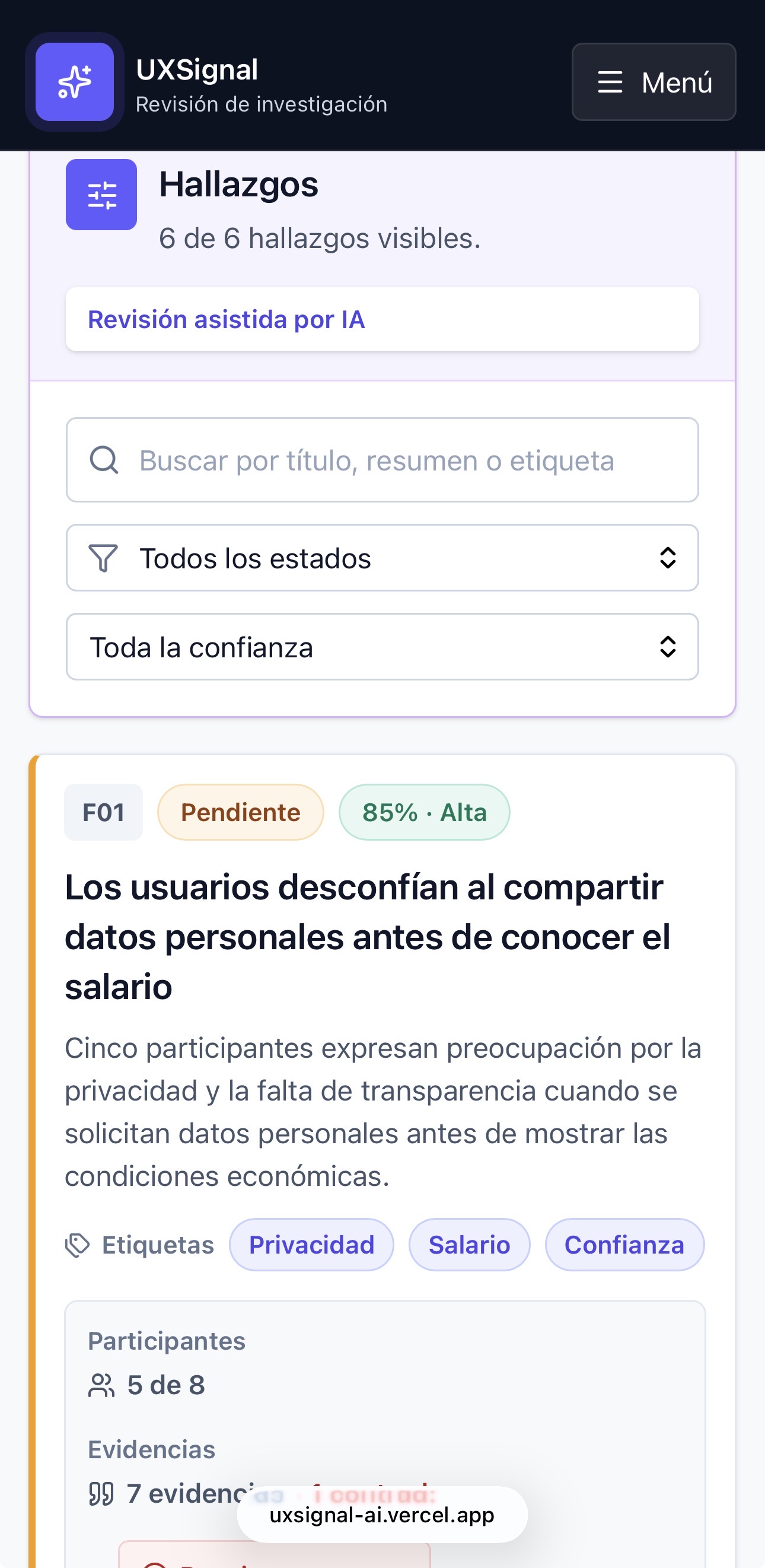 Revisión de hallazgos en móvil en UXSignal