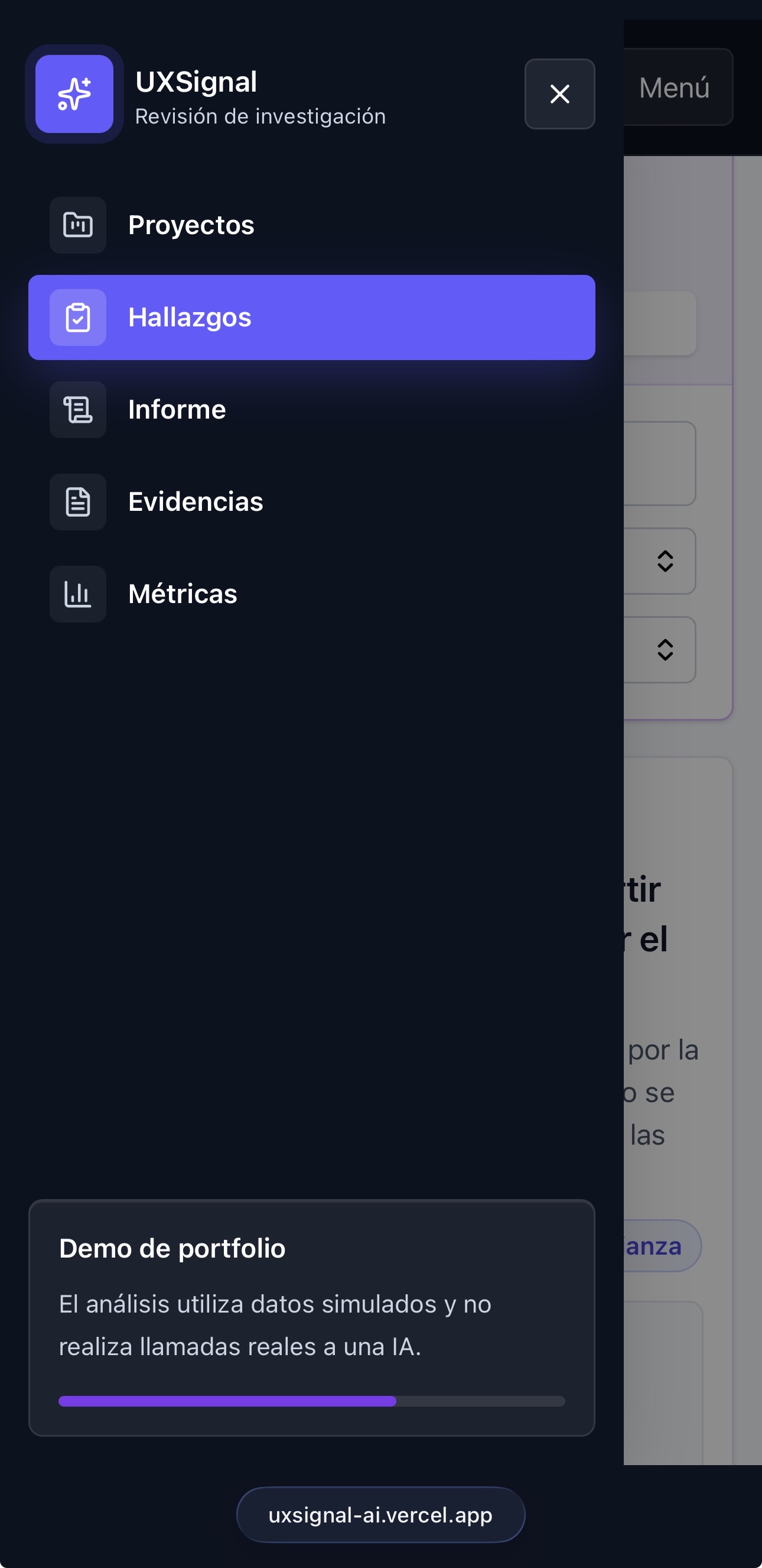 Menú móvil abierto en UXSignal